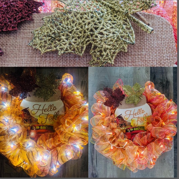 Other - Fall Pumpkins Harvest Wreath Light Up Handmade